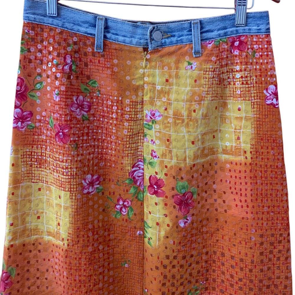 Vintage Floral Orange Denim-Trim Sequins Skirt Women M - Picture 2 of 4
